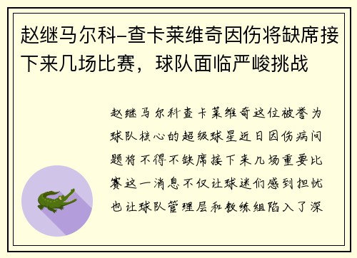 赵继马尔科-查卡莱维奇因伤将缺席接下来几场比赛，球队面临严峻挑战