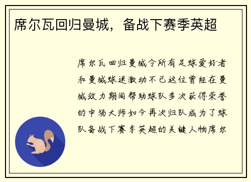 席尔瓦回归曼城，备战下赛季英超